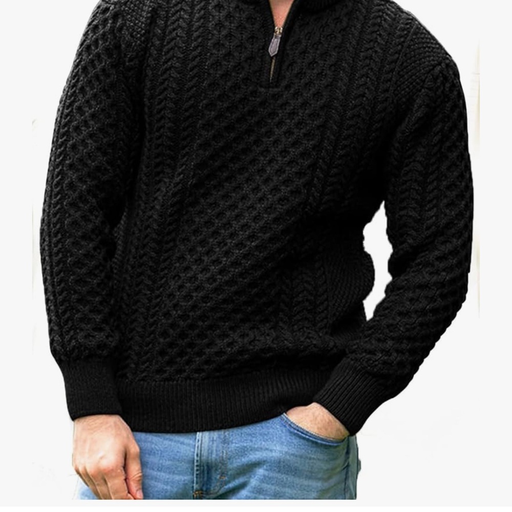Men's Classic Black Cable Knit Zip-Up Sweater